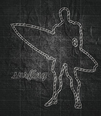 Man posing with surfboard. Blue print style silhouette