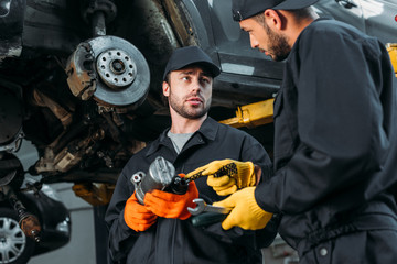 Obraz na płótnie Canvas auto mechanics working with car and tools in workshop