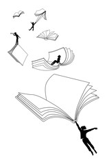 Obraz premium book, reading, Vector illustration of phantasy situations young human and literature, clip art, lines, sylhouette, poetry