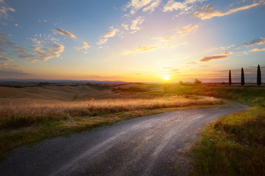 beautiful winding country road leading through rural countryside in the Italy Tuscany District with evening sunlight.