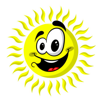 cartoon smiling sun on white background, vector illustration