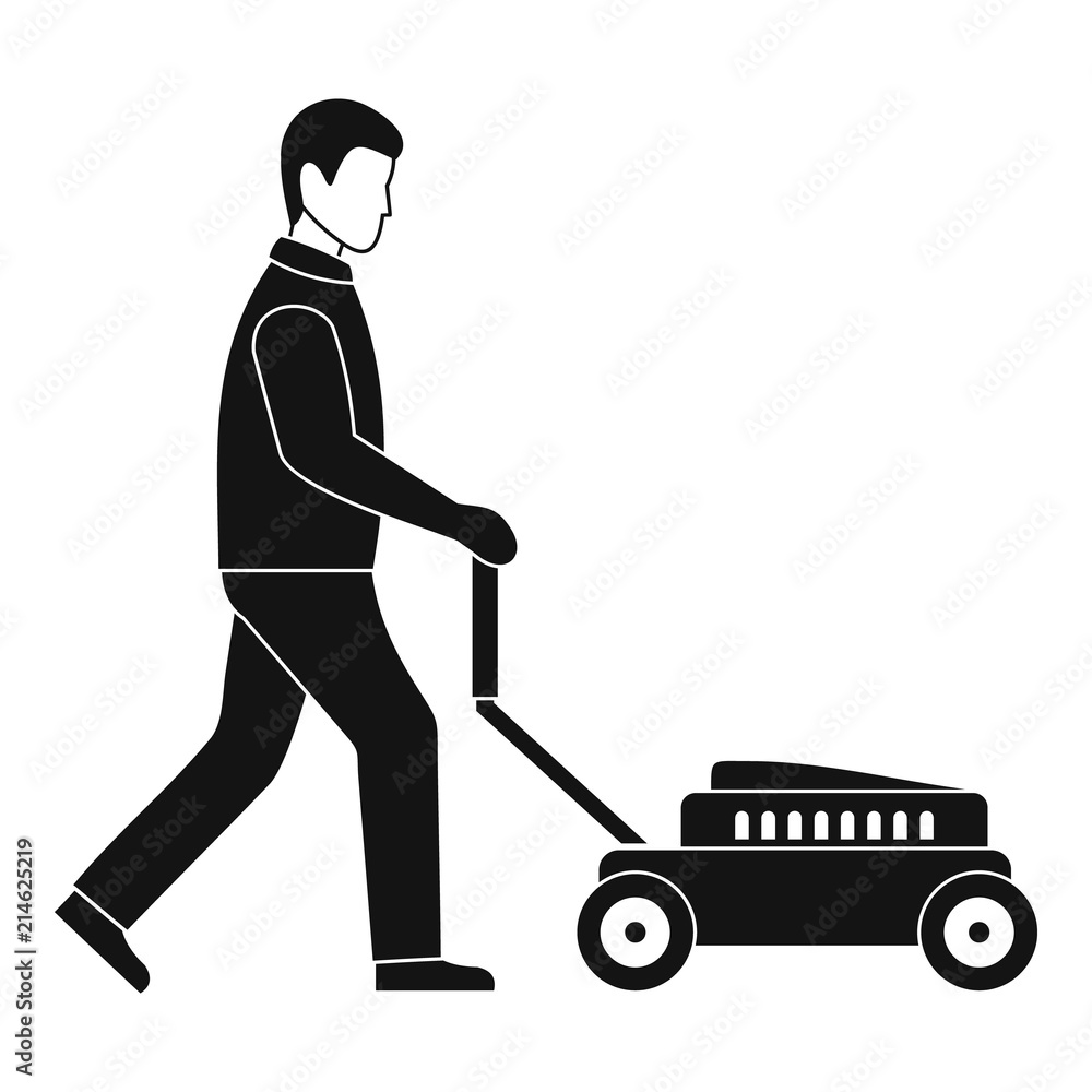 Poster man with lawn mower icon. simple illustration of man with lawn mower vector icon for web design isol