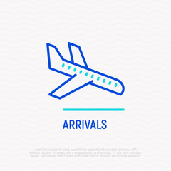 Arrivals thin line icon, plane is landing. Modern vector illustration.