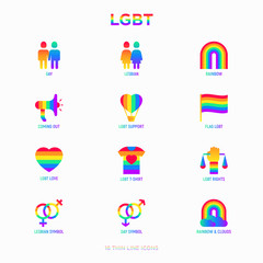 LGBT thin line icons set: gay, lesbian, rainbow, coming out, free love, flag, support, stop homophobia, LGBT rights, pride day. Modern vector illustration.