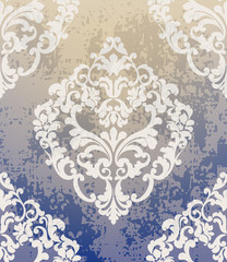 Baroque classic damask pattern ornament Vector. Royal fabric background. Luxury decors blue color with old stains