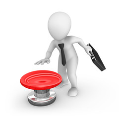 3d businessman with the big red button. 3d rendered illustration.