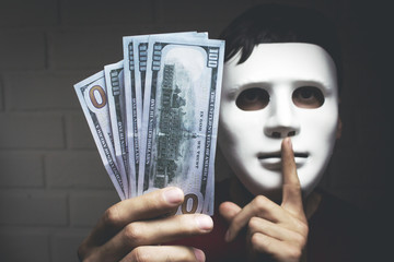 Bribery people with dollar bills in hand and quiet gesture - obrazy, fototapety, plakaty