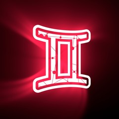 Zodiac symbol textured by connected lines with dots pattern. Sign of the Twins. 3D rendering. Neon bulb illumination.