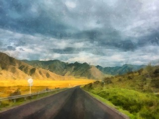 Hand drawing watercolor art on canvas. Artistic big print. Original modern painting. Acrylic dry brush background. Beauty road view. Summer Landscape. Road leading to an unknown mountain range. 