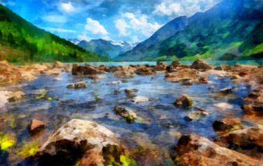 Hand drawing watercolor art on canvas. Artistic big print. Original modern painting. Acrylic dry brush background. Inspiring mountain landscape. Wild mountain river with its unknown secrets.