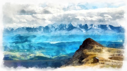 Hand drawing watercolor art on canvas. Artistic big print. Original modern painting. Acrylic brush background. Fantastic landscape of wild mountain nature. Infinite spaces of freedom and freshness.