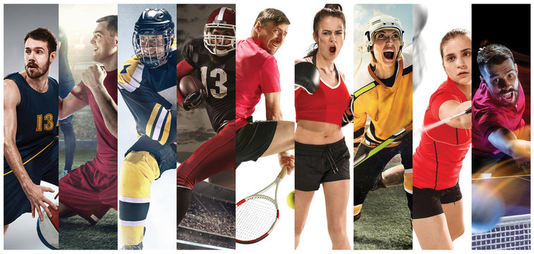 Sport collage about soccer, american football, badminton, tennis, boxing, ice and field hockey, table tennis © master1305