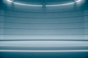 Futuristic pedestal or platform with Chandelier. Blank product poduim or stand. Future empty stage with glow light. Future background. 3d rendering