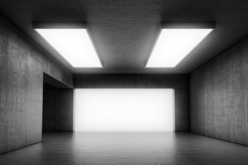 Empty abstract concrete room with the gate and glowing light. Interior concept background. 3d illustration