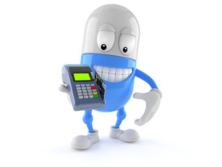 Pill character holding credit card reader