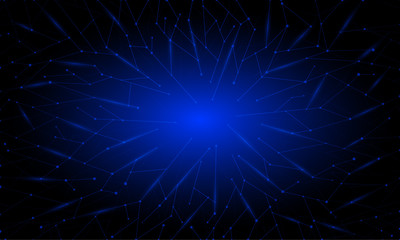 Abstract blue neon polygonal background with triangles, lines and dots for banner, site, lending and social network covers.