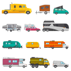 Caravan vector camping trailer and rv caravanning vehicle for traveling or journey illustration transportable set of camp van or tourism transport isolated on white background