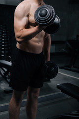 Fototapeta na wymiar Closeup of a handsome power athletic man bodybuilder doing exercises with dumbbell. Handsome man doing biceps lifting in a gym.Dark background. Unrecognizable, no face portrait