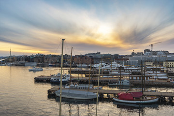 Fototapeta na wymiar Oslo sunset city skyline at Oslo Harbour, Oslo Norway