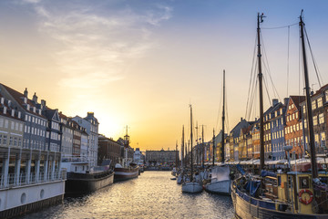 Copenhagen sunset city skyline at Nyhavn harbour, Copenhagen Denmark
