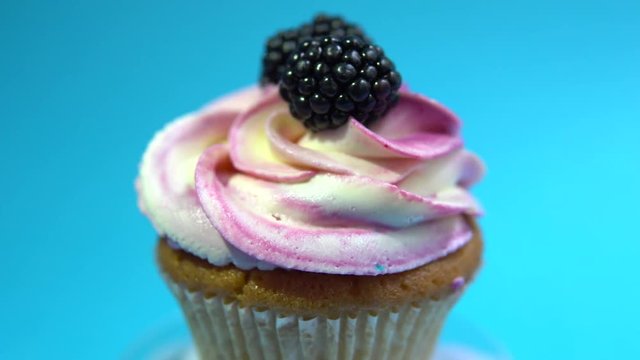 A delicious and appetizing capkake rotates with blackberries on a blue background.