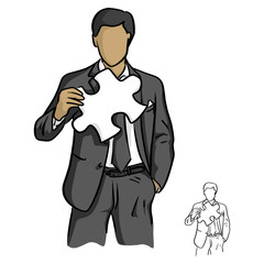 businessman holding wihte puzzle vector illustration sketch doodle hand drawn with black lines isolated on white background. Business concept.
