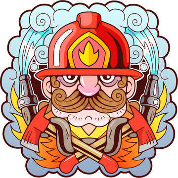cartoon mustache fireman, design, funny illustration, emblem
