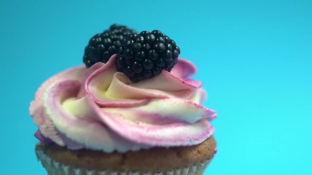 A delicious and appetizing capkake rotates with two blackberries on a blue background.