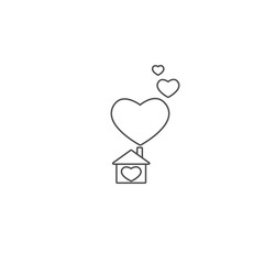 Flat black contour of the home. Simple silhouette of house with big hearts under chimney. Icon isolated