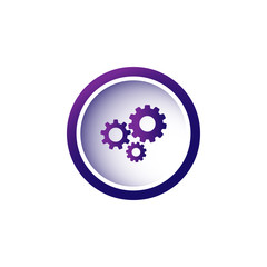 Flat icon of violet gears in circle of purple color. Isolated on white. Eco style. Combination of pinions.