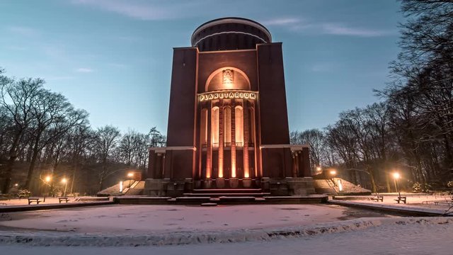 Hyper lapse/time lapse sequence of the planetarium of Hamburg in winter