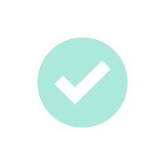 Check Mark. Valid Seal icon. white squared tick in light blue circle. Flat OK sticker icon. Isolated on white.