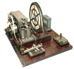 isolated obsolete vintage morse telegraph machine on white background - obrazy, fototapety, plakaty