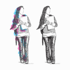 Back to school sketch people girls watercolor