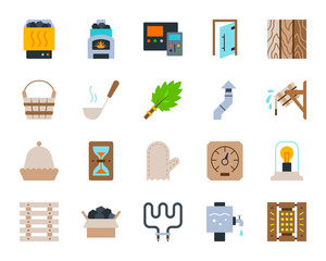 Sauna Equipment simple flat color icons vector set