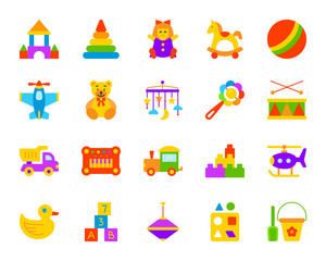 Baby toy simple flat color icons vector set