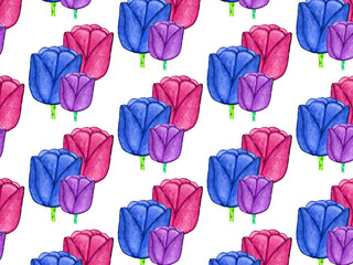 Watercolor hand painted tulips pattern on a white background