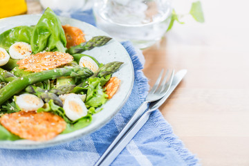 Asparagus Salad with quails eggs and cheese crisps
