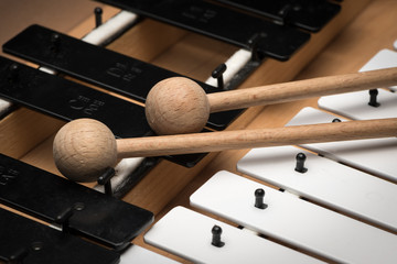 A Glockenspiel with black and white keys and wooden mallets