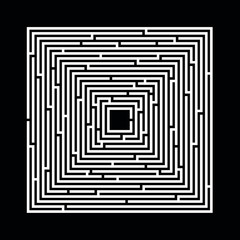 A square labyrinth on a black background with an entrance and a road along black lines