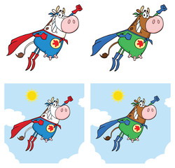 Super Hero Cow Cartoon Mascot Character Set.Vector Collection Isolated On White Background