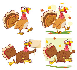Turkey Bird Classic Cartoon Mascot Character Set 1. Vector Collection Isolated On White Background