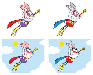 Rabbit Super Hero Cartoon Mascot Character Set 4. Vector Collection Isolated On White Background