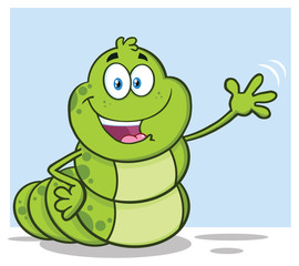 Happy Book Worm Cartoon Mascot Character Waving For Greeting. Vector Illustration Isolated On White Background