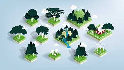 Graphic design vector of green ecology elements, renewable energy and background, environment friendly concept in isometric style, illustration vector of forest, water and city