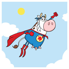 White Super Hero Cow Cartoon Mascot Character Flying. Vector Illustration With Background