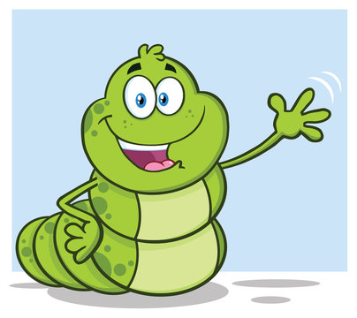Happy Book Worm Cartoon Mascot Character Waving For Greeting. Vector Illustration Isolated On White Background