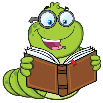 recommend clip art: Book Worm Cartoon Mascot Character With Glasses Reading A Book. Vector Illustration Isolated On White Background