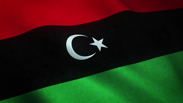 Realistic flag of Libya waving with highly detailed fabric texture.