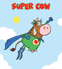 Brown Super Hero Cow Cartoon Mascot Character Flying. Vector Illustration With Background And Text